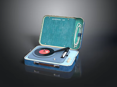 Vintage Portable Record Player With Open Green Case Red Vinyl And Turntable Needle 3d model
