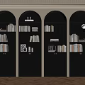 Dark Arched Bookcases With Built In Lighting Multiple Shelves Cabinet Doors And Books