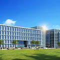 Modern Office Building With Glass Curtain Walls Green Lawn Trees And Sunlight Under Blue Sky