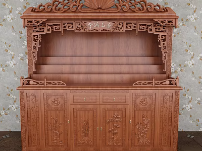 Traditional Wooden Buddhist Shrine Cabinet With Intricate Carvings And Storage Shelves 3d model