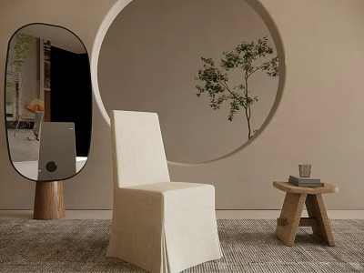Modern Beige Fabric Dining Chair With Circular Mirror And Wooden Side Table 3d model
