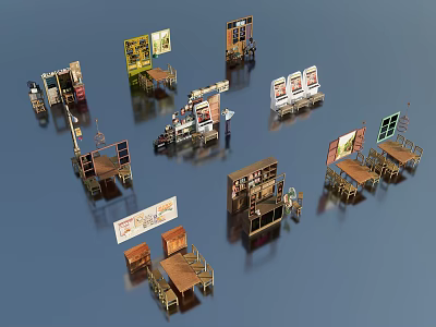 Wooden Office Work Desks with Bookshelves Chairs and Poster Decorations 3d model