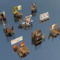 Wooden Office Work Desks with Bookshelves Chairs and Poster Decorations