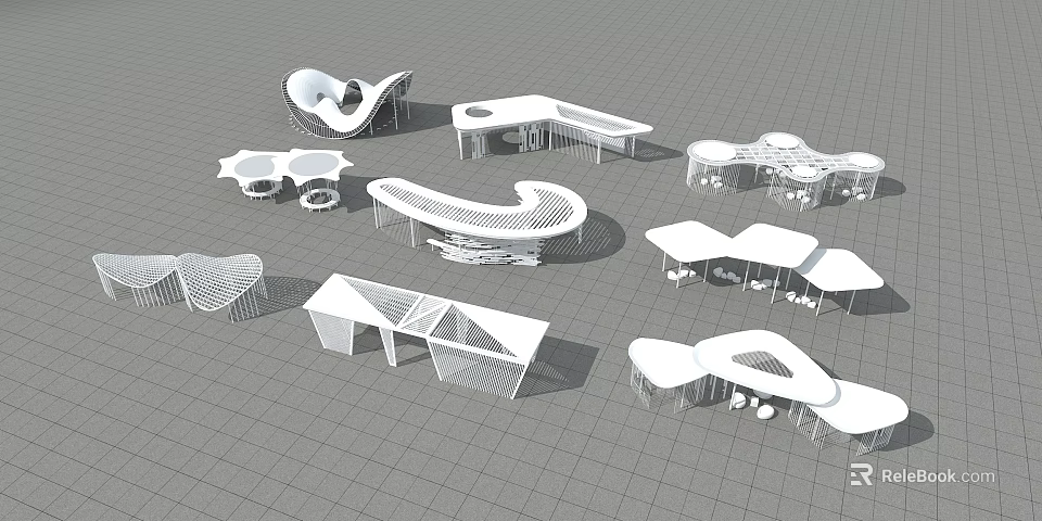 Various Modern Pergola Designs With Curved And Geometric Outdoor Structures 3d model 