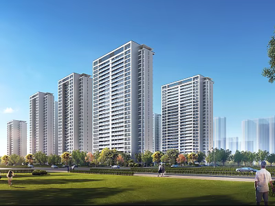 Modern High Rise Residential Buildings With Green Lawn Trees And Blue Sky Surroundings 3d model