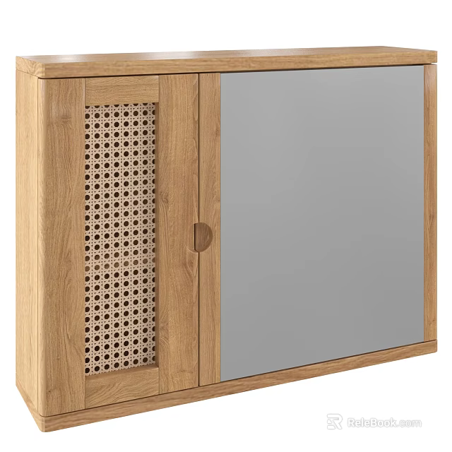 Modern Light Oak Wooden Cabinet With Woven Panel And Mirror Door Design 3d model 