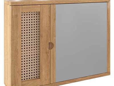 Modern Light Oak Wooden Cabinet With Woven Panel And Mirror Door Design 3d model