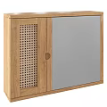 Modern Light Oak Wooden Cabinet With Woven Panel And Mirror Door Design