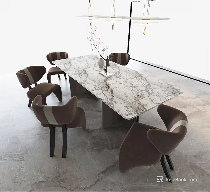 Modern Dining Table Set With Marble Top And Brown Upholstered Chairs 3d model 