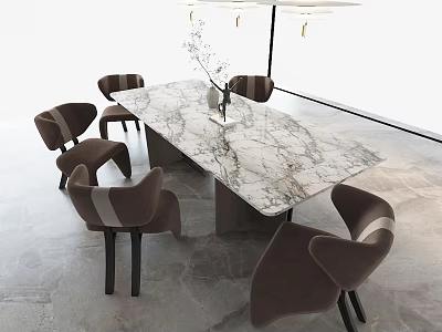 Modern Dining Table Set With Marble Top And Brown Upholstered Chairs 3d model