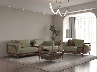 Modern Light Green Sofa And Coffee Table Set With Wooden Frames And Area Rug 3d model