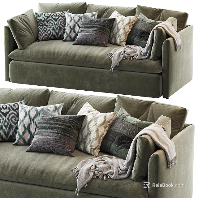 Luxurious Green Velvet Sectional Sofa With Multiple Decorative Pillows And Cozy Throw Blanket 3d model 