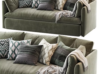 Luxurious Green Velvet Sectional Sofa With Multiple Decorative Pillows And Cozy Throw Blanket 3d model