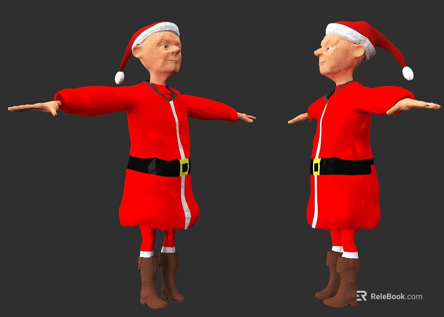 Festive Red Santa Christmas Costume With Black Belt Brown Boots And Santa Hat 3d model 