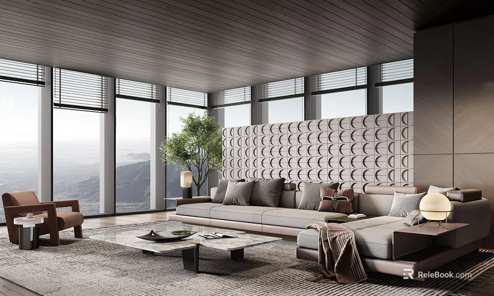 Modern Living Room With Large Windows Mountain View Gray Sofa Circular Pattern Wall Green Plant 3d model 