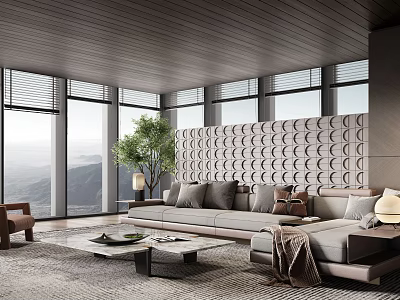 Modern Living Room With Large Windows Mountain View Gray Sofa Circular Pattern Wall Green Plant 3d model