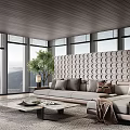 Modern Living Room With Large Windows Mountain View Gray Sofa Circular Pattern Wall Green Plant