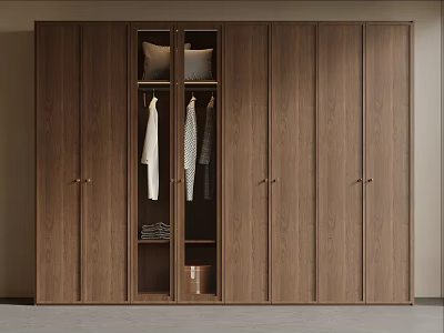 Modern Wooden Wardrobe With Open Compartments Hanging Clothes And Storage 3d model
