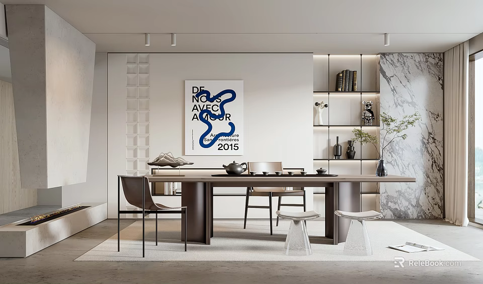 Modern Tea Room Interior With Wooden Table Chairs Decorative Art And Bookshelf 3d model 