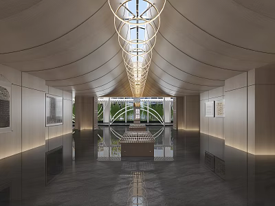 Modern Exhibition Hall Interior with Arched Ceiling Recessed Lighting Wall Exhibits and Polished Floor 3d model