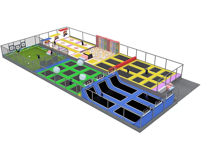 Colorful Indoor Trampoline Park Equipment With Jumping Areas Climbing Walls And Foam Pits 3d model