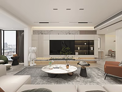 Modern Living and Dining Room Interior With Sofa Coffee Table TV Wall and Decorations 3d model