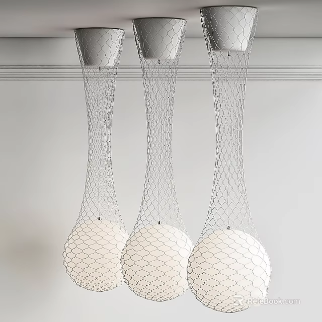 Modern Three Pendant Chandelier With White Spherical Shade And Silver Mesh Design 3d model 