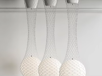 Modern Three Pendant Chandelier With White Spherical Shade And Silver Mesh Design 3d model