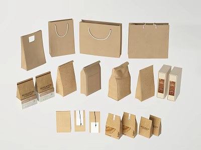 Various Brown Paper Bags Tote Bags And Packaging Boxes As Daily Life Supplies 3d model