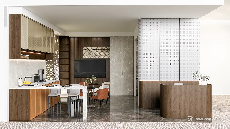 Modern Showroom Interior With Wooden Cabinets Marble Walls Display Tables And TV Screen 3d model 