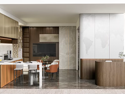 Modern Showroom Interior With Wooden Cabinets Marble Walls Display Tables And TV Screen 3d model