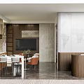 Modern Showroom Interior With Wooden Cabinets Marble Walls Display Tables And TV Screen