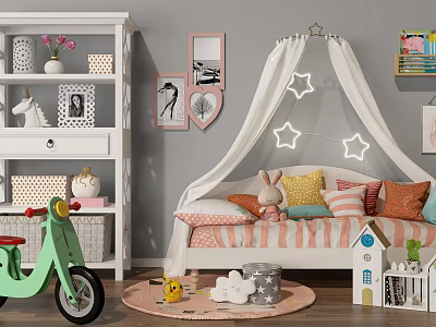 White Bookcase in Kids Room with Stuffed Toys Star Decorations and Toy Scooter 3d model