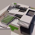 Modern White Architecture With Irregular Design Red Seats Green Plants And Blue Sky