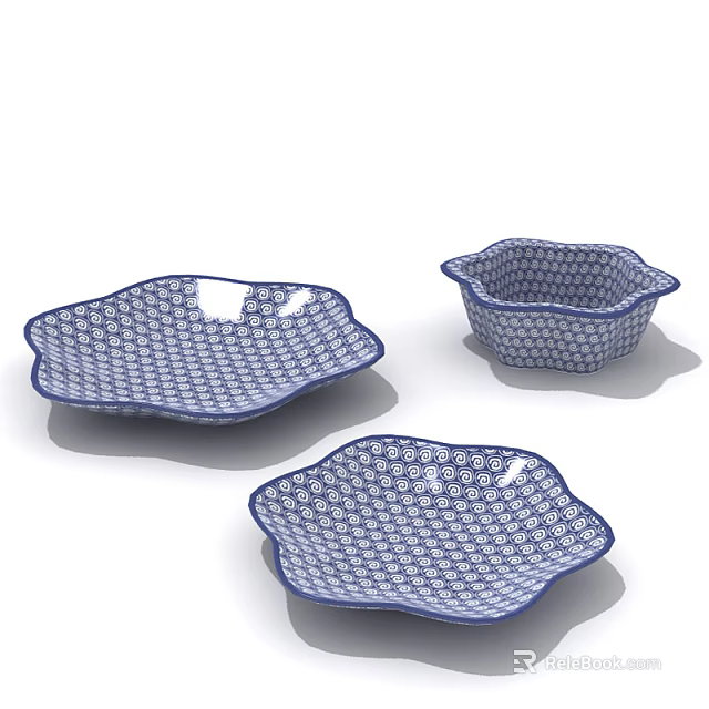 Ceramic Dinnerware Set With Blue And White Pattern And Wavy Edge Design 3d model 