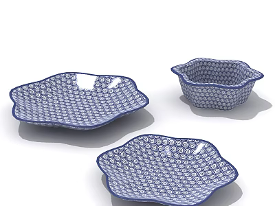 Ceramic Dinnerware Set With Blue And White Pattern And Wavy Edge Design 3d model