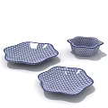 Ceramic Dinnerware Set With Blue And White Pattern And Wavy Edge Design 3d model