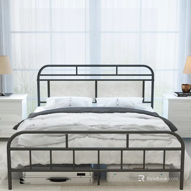 Black Metal Frame Double Bed With White Sheets And Nightstands In Bright Bedroom 3d model 