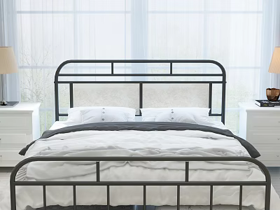 Black Metal Frame Double Bed With White Sheets And Nightstands In Bright Bedroom 3d model