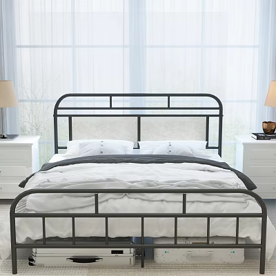 Black Metal Frame Double Bed With White Sheets And Nightstands In Bright Bedroom 3d model