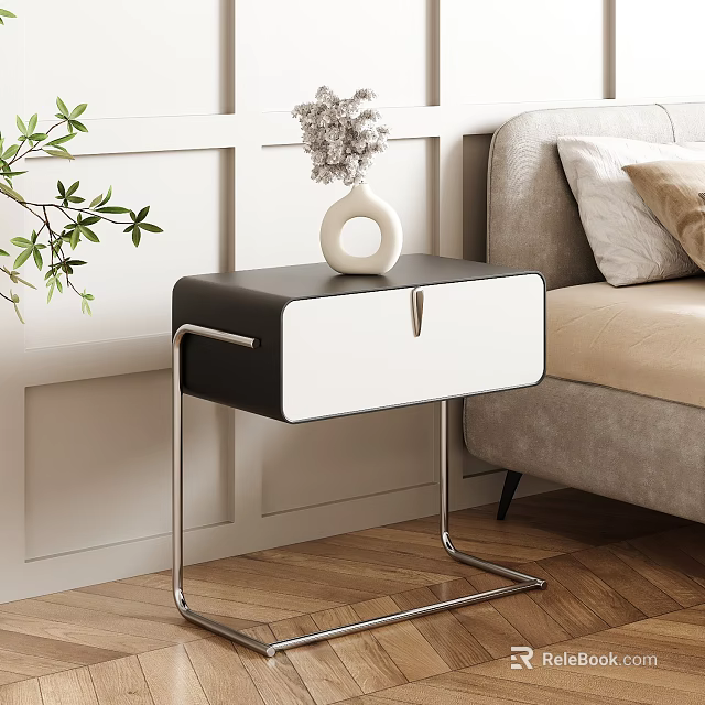 Modern Black And White Bedside Table With Metal Frame Near Sofa And Green Plant 3d model 