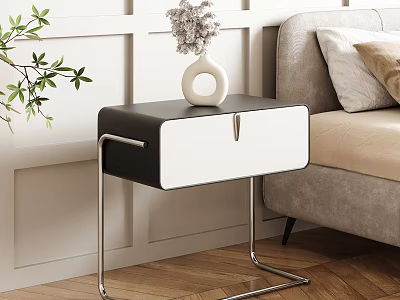 Modern Black And White Bedside Table With Metal Frame Near Sofa And Green Plant 3d model