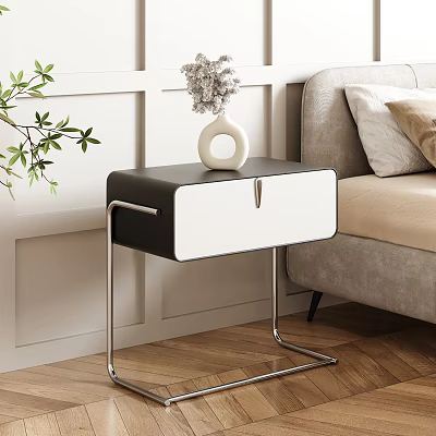 Modern Black And White Bedside Table With Metal Frame Near Sofa And Green Plant 3d model