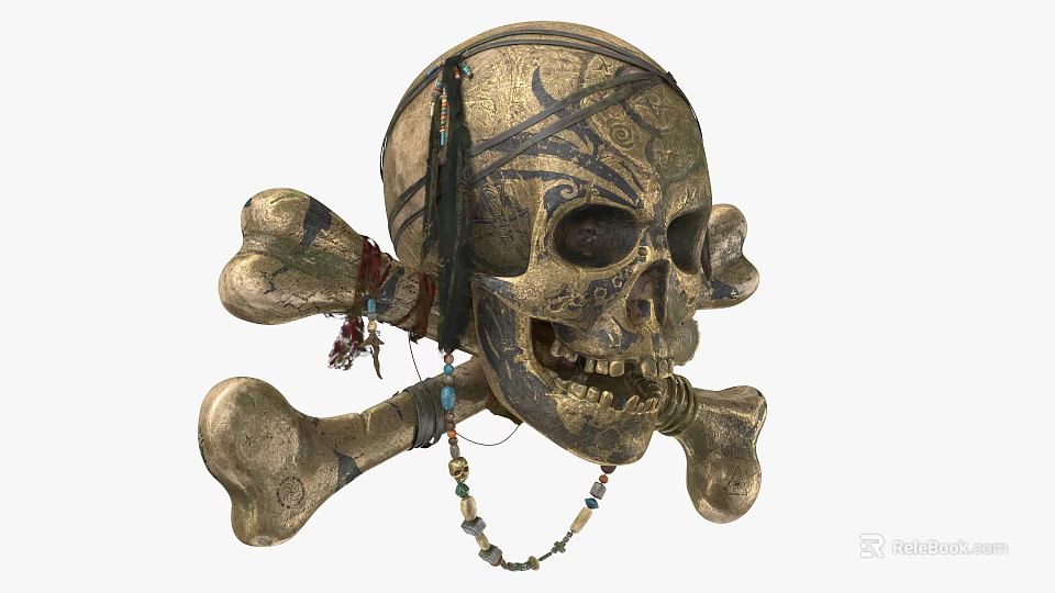 Vintage Decorative Skull And Crossbones Ornament Set With Beaded Necklace 3d model 