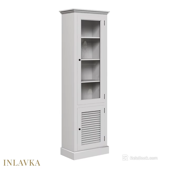 White Tall Storage Cabinet With Glass Door And Louvered Design 3d model 