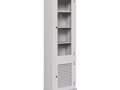 White Tall Storage Cabinet With Glass Door And Louvered Design 3d model