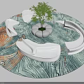 White Irregular-Shaped Sofas on Circular Carpet with Green Orange Leaf Patterns and Central Small Plant 3d model