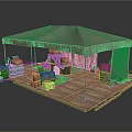 Modern Outdoor Wooden Platform With Canopy Storage Items Barrels Boxes And Ladder