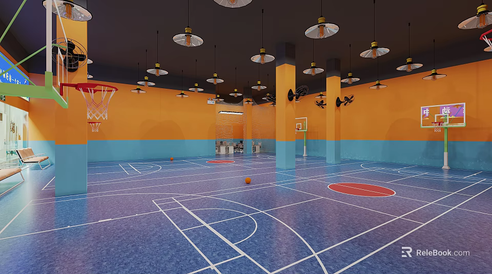 Modern Indoor Basketball Court With Blue Floor Orange Walls Hanging Lights And White Lines 3d model 