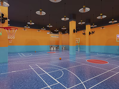 Modern Indoor Basketball Court With Blue Floor Orange Walls Hanging Lights And White Lines 3d model